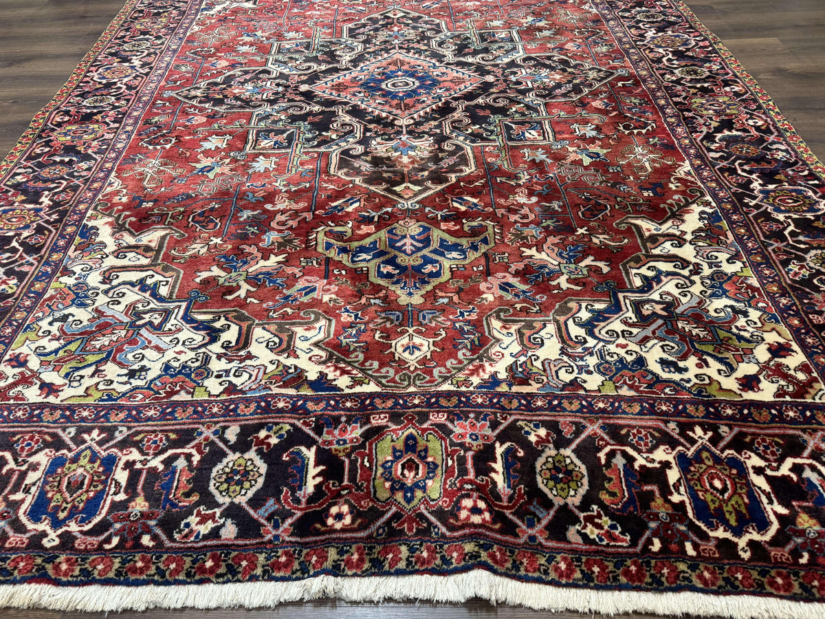 Antique Persian Heriz Rug 8x11, Geometric Tribal Wool Carpet, Brick Red - Jewel Rugs, view 6