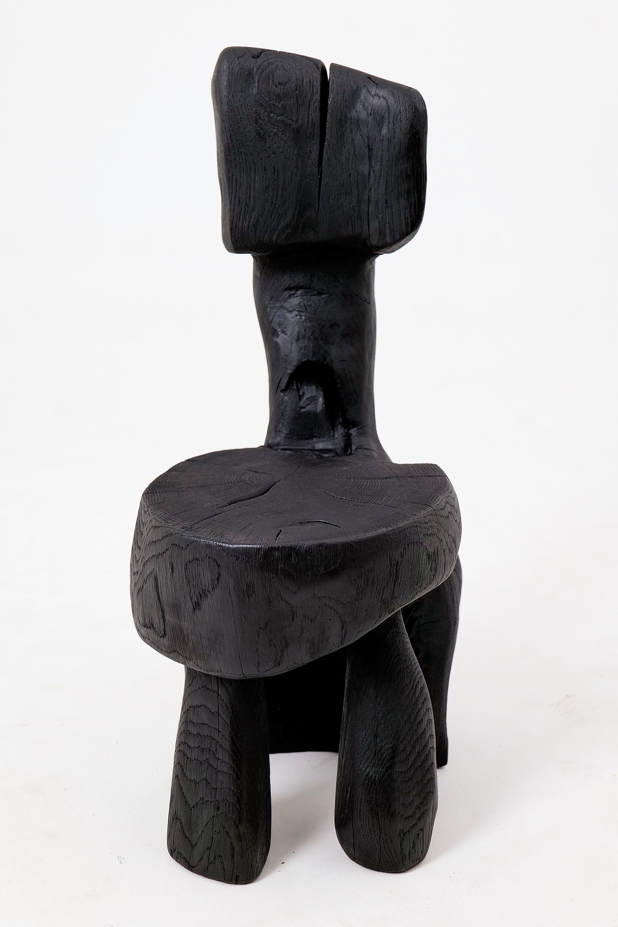 Brutalist Sculptural Chair, Carved, Solid Wood, Oak, Black, Rustic - image 2