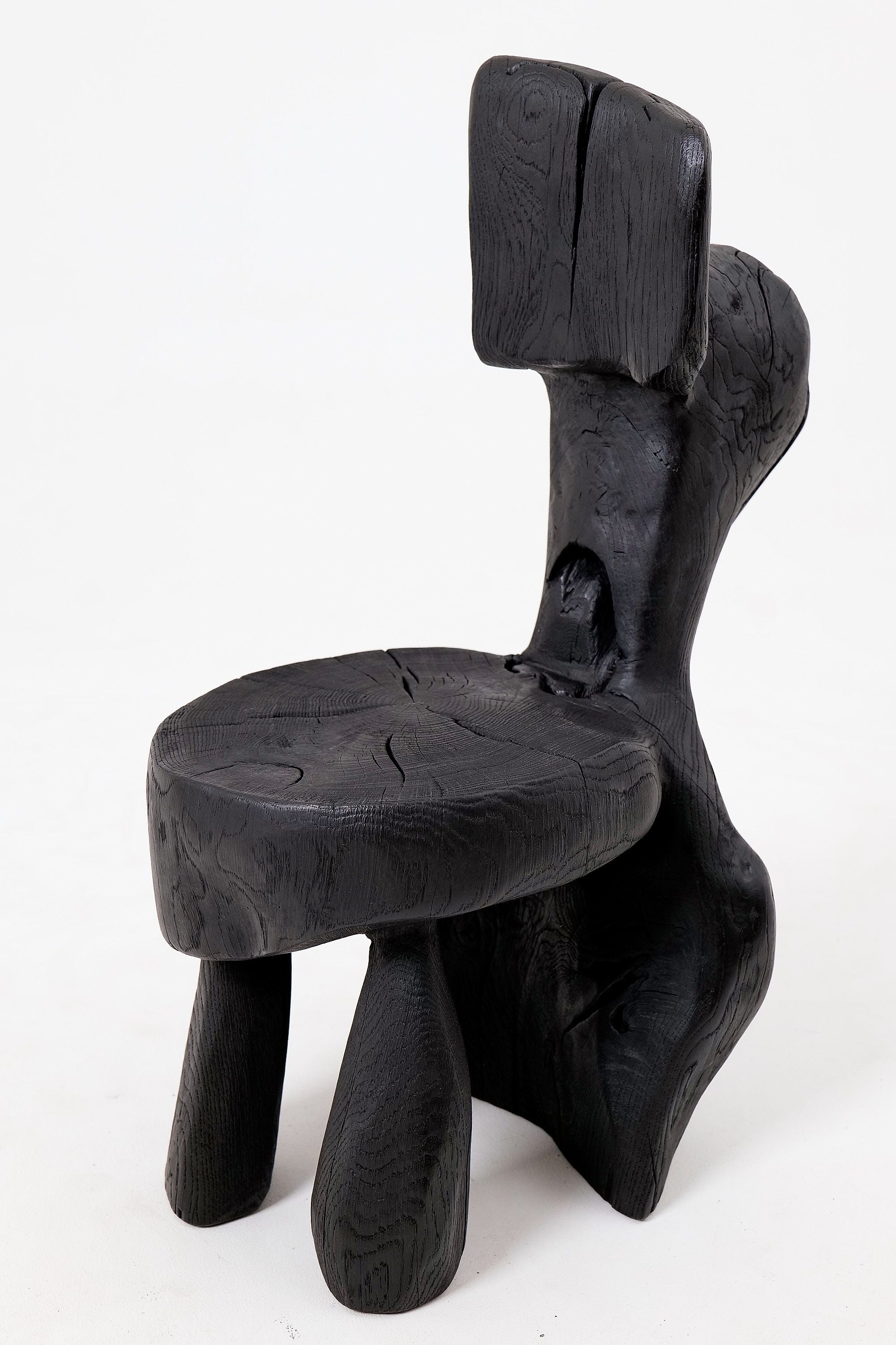 Brutalist Sculptural Chair, Carved, Solid Wood, Oak, Black, Rustic - image 4