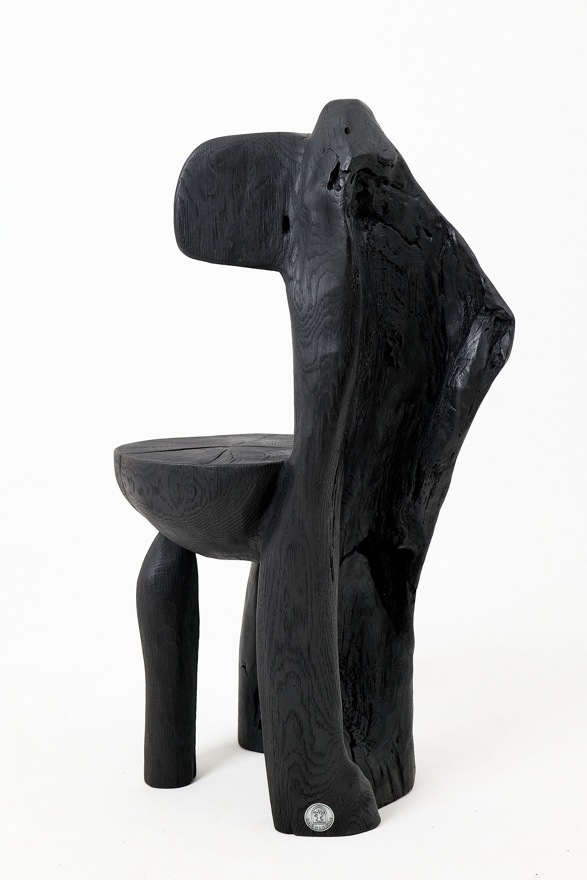 Brutalist Sculptural Chair, Carved, Solid Wood, Oak, Black, Rustic - image 4