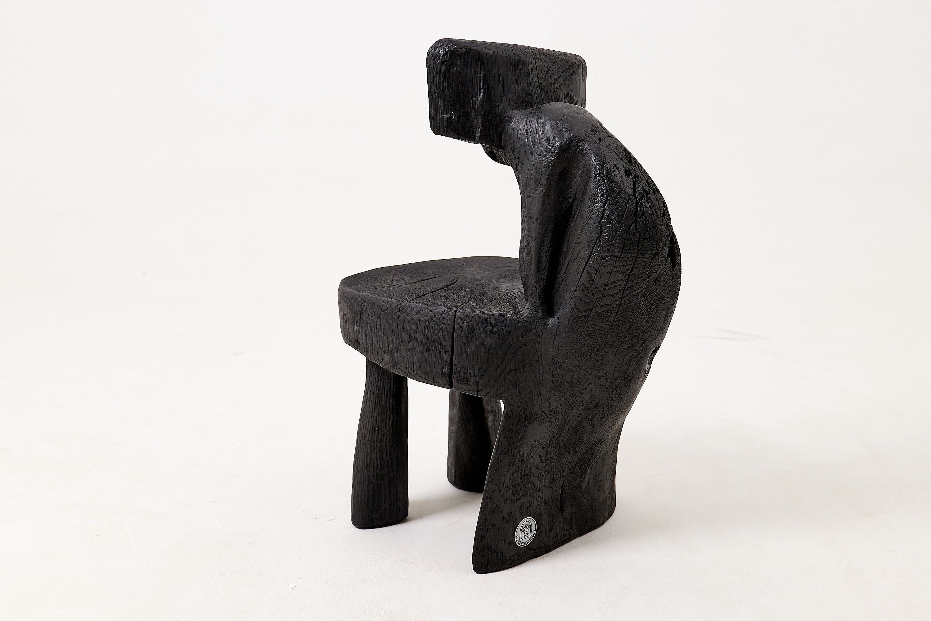 Brutalist Sculptural Chair, Carved, Solid Wood, Oak, Black, Rustic - image 6