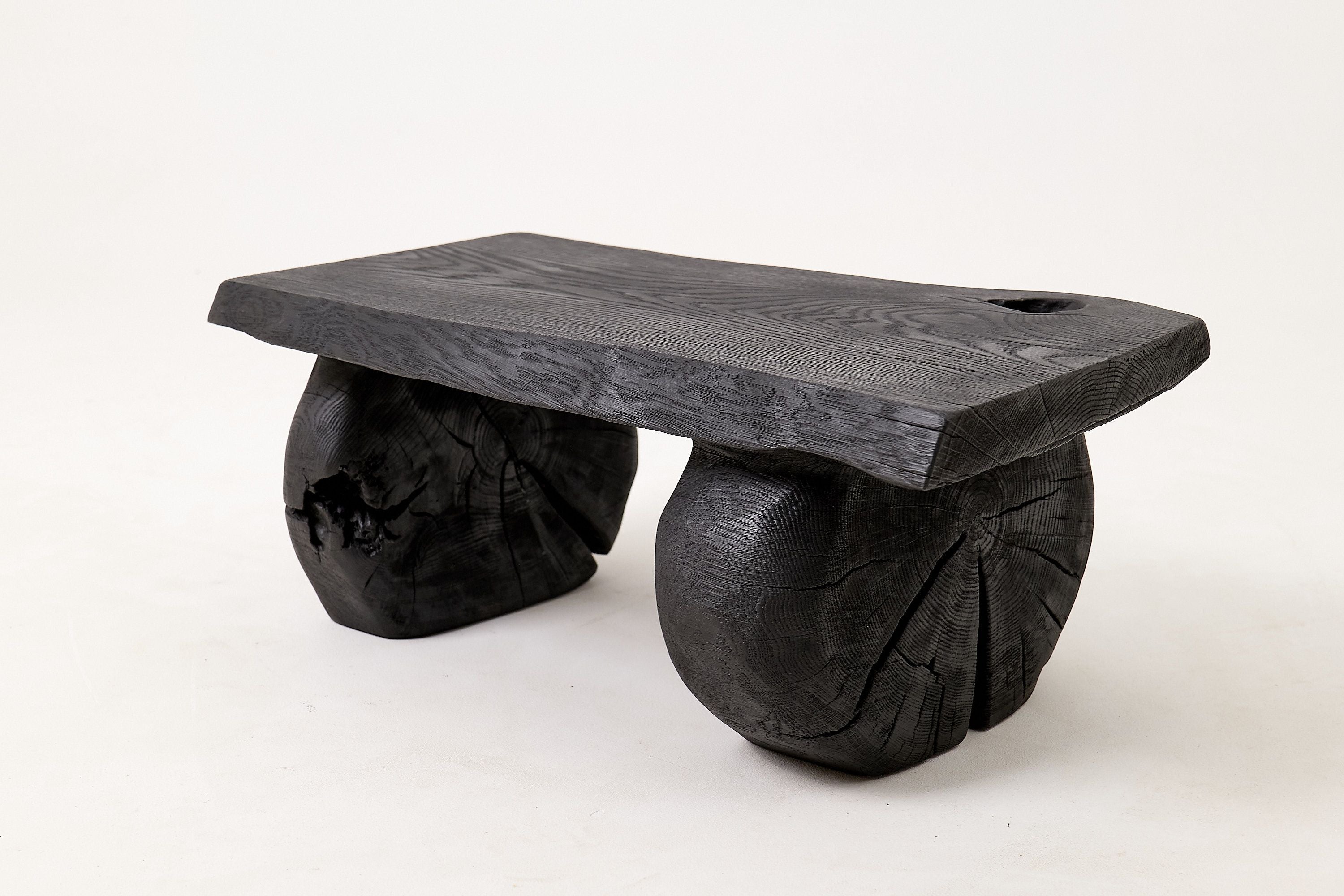 Sculptural Hardwood Stool, Side Table, Charred Wood, Hand-Carved