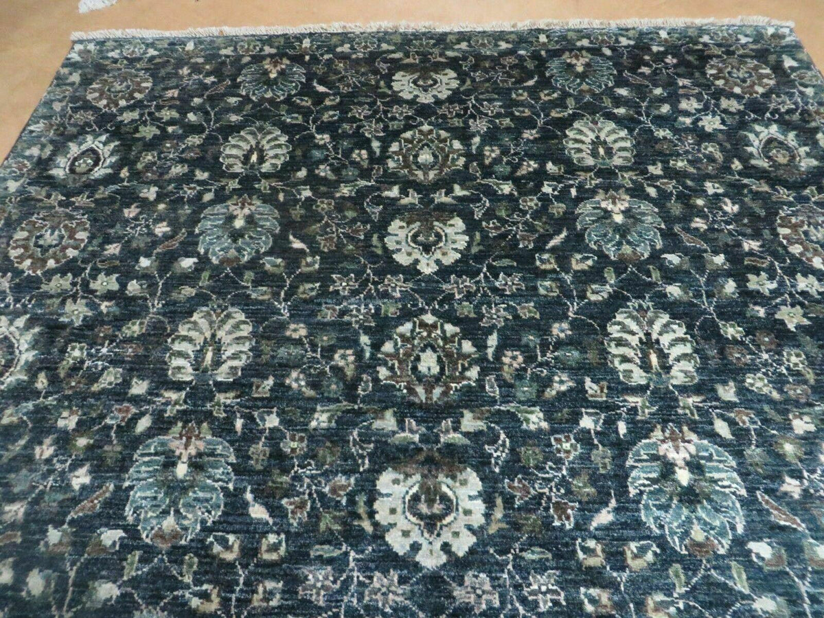 5' 6" X 8' Vintage Handmade Pakistani Floral Oriental Wool Rug Black Dark Grey - Jewel Rugs, view 11