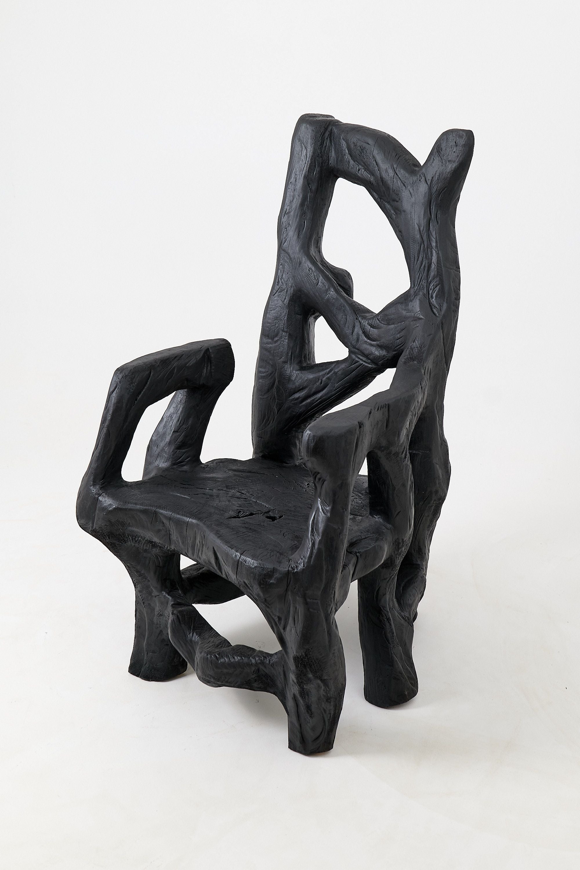 Brutalist Sculptural Armchair, Solid Burnt Oak Wood, Organic - image 3