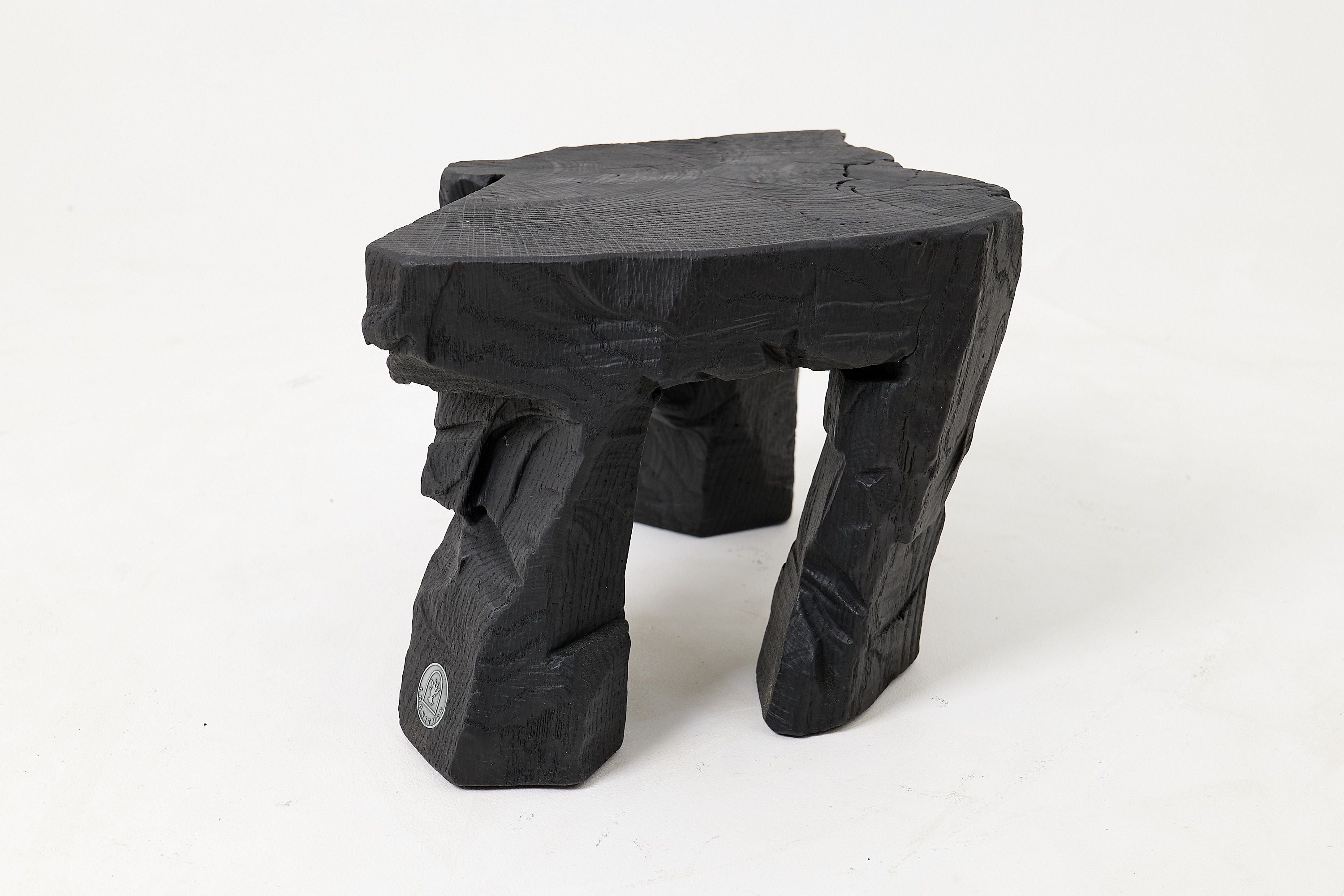 Sculptural Hardwood Stool, Side Table, Charred Wood, Hand-Carved - image 4