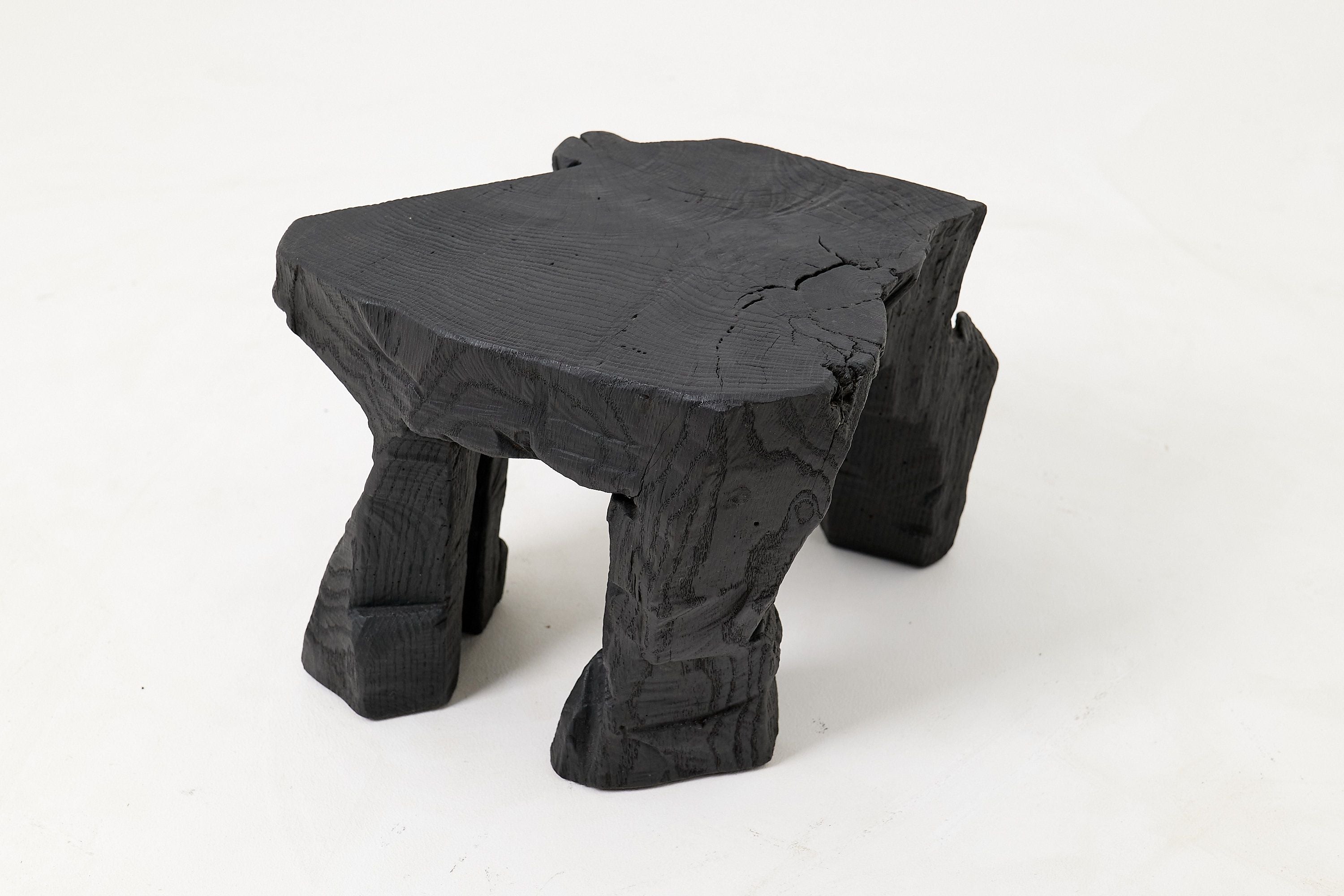 Sculptural Hardwood Stool, Side Table, Charred Wood, Hand-Carved - image 7