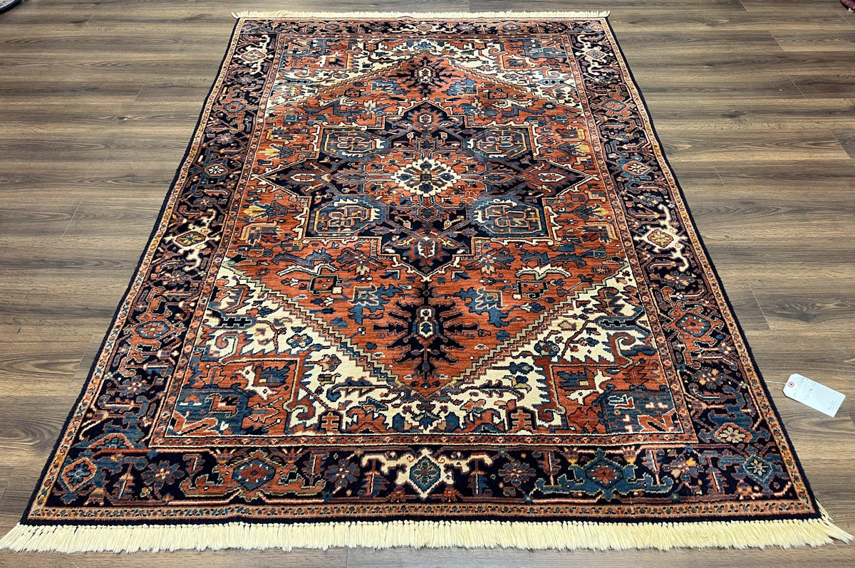 Heriz Rug 5.6 x 8, Geometric Medallion, Wool Oriental Carpet, Tribal Boho Rug, Red Navy Blue Cream, Belgium Power Loomed Rug, Medium Sized - Jewel Rugs, view 2