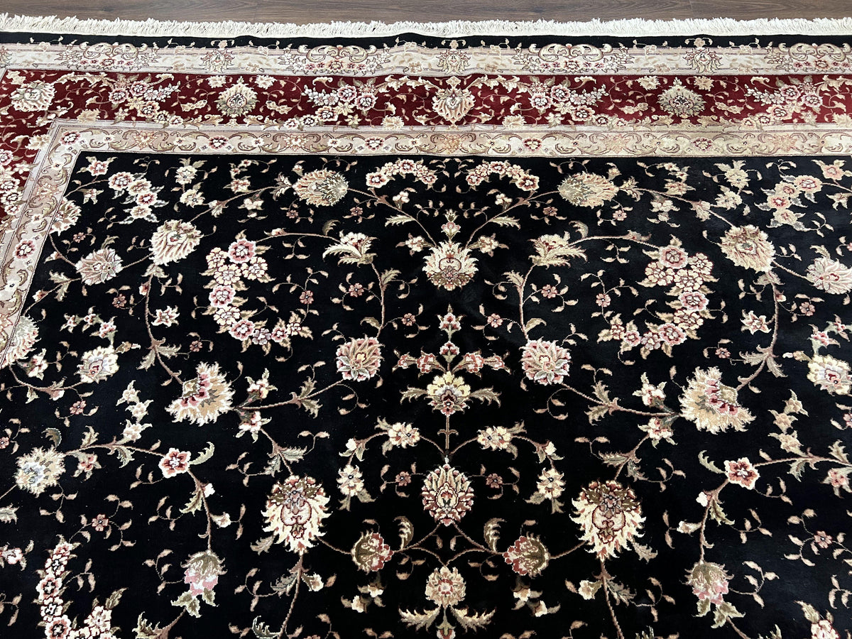 Sino Persian Rug 9x12, High Quality Oriental Carpet, Black and Maroon, Wool and Silk, Allover Floral Pattern, Hand Knotted, Vintage Rug Nice - Jewel Rugs, view 3