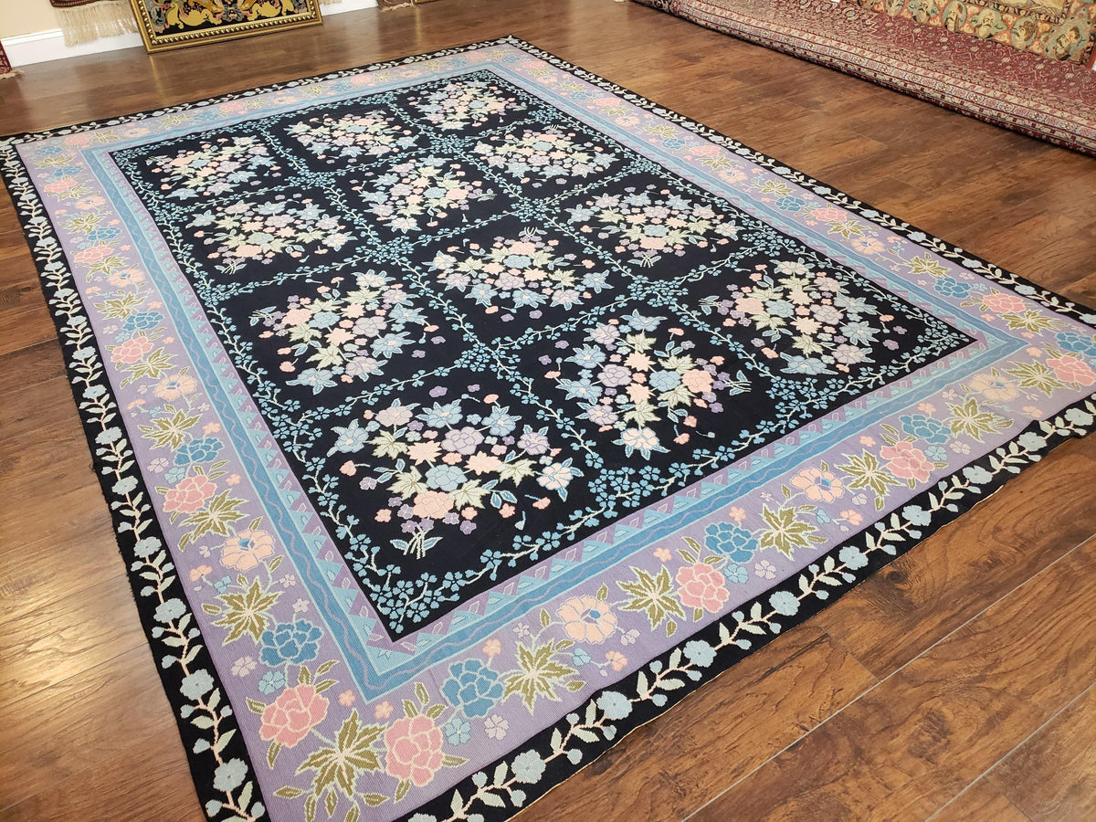 Chinese Needlepoint Rug 8 x 11.4, Hand-Woven Area Carpet, Flatweave Rug, Black Blue Light Violet Floral Garden European Design Wool Aubusson - Jewel Rugs, view 12