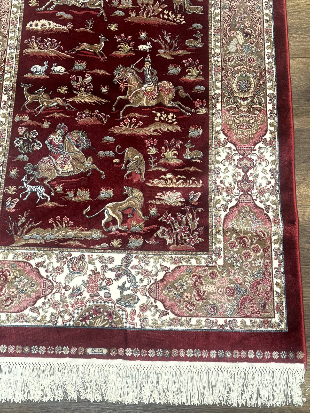 Turkish Silk Rug 3x5, Hunting Design, Dark Red & Ivory, Bamboo Silk, New - Jewel Rugs, view 10