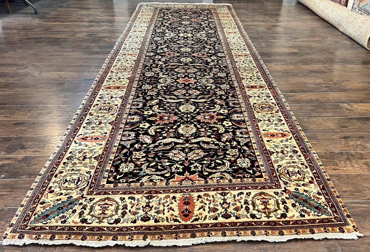 Indo Persian Rug 5x15, Wide Runner Rug 5 x 15 ft, Wool Hand Knotted Vintage Carpet, Black & Cream, Floral Allover Long Oriental Rug - Jewel Rugs