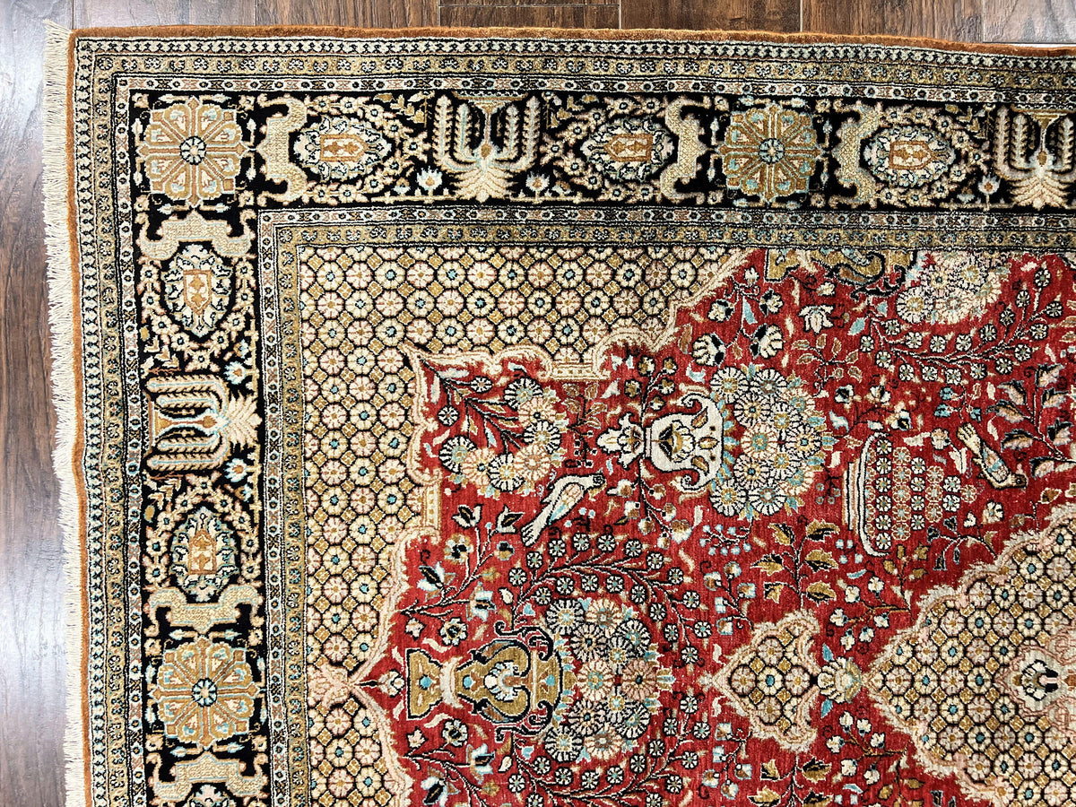 Wonderful Persian Silk Rug 5x7, Birds Floral Vases, Red, Hand Knotted Silk Fine Oriental Carpet, Handmade Vintage, Persian Qum Rug, 400 KPSI - Jewel Rugs, view 6