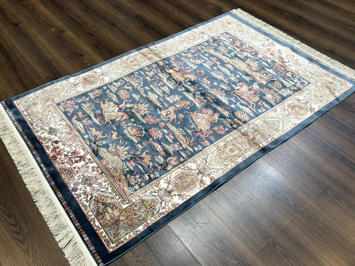 Turkish Silk Hunting Design Rug 4x6, Dark Steel Blue & Ivory, Bamboo Silk, New - Jewel Rugs, view 13