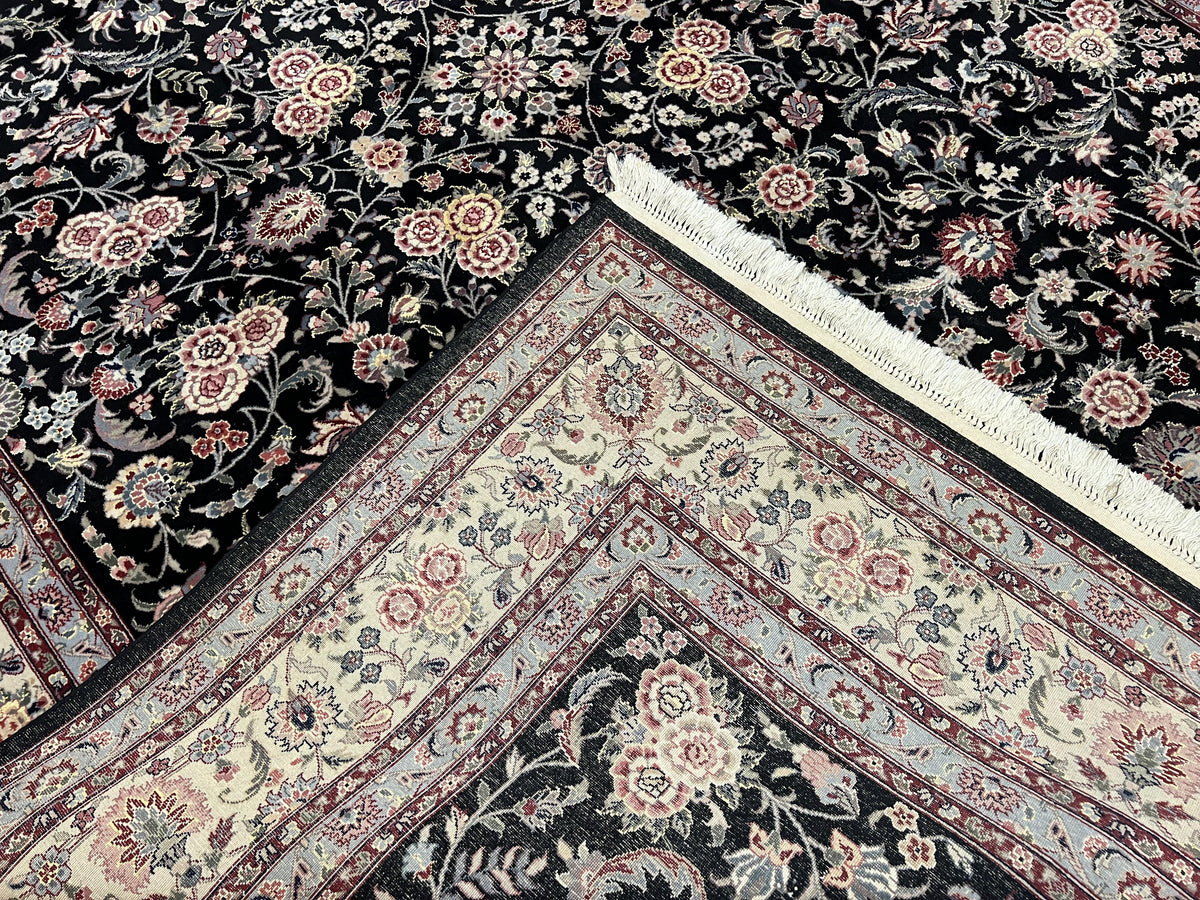 Pak Persian Rug 9x12, Floral Allover, Hand Knotted Oriental Carpet 9 x 12 ft, Black and Cream, Detailed, Wool with Silk Highlights, Vintage - Jewel Rugs, view 10