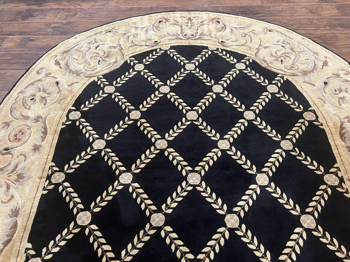 Oval Tibetan Rug 8x10, French Aubusson Design, Wool Handmade Vintage Carpet, Black & Beige, Soft Wool Pile - Jewel Rugs, view 9