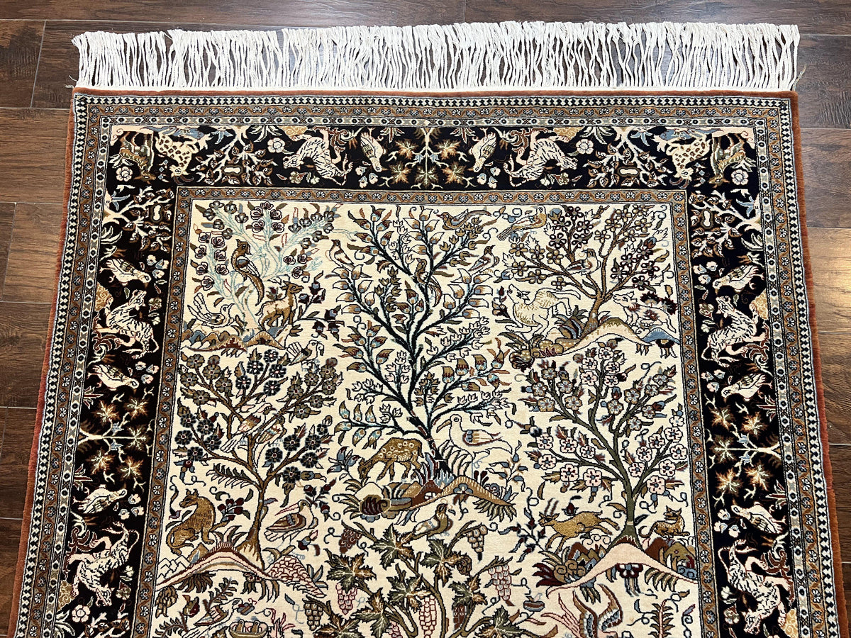 Persian Qum Tree of Life Rug 5x7, Wool and Silk Highlights, Animal Motifs, Vintage Hand Knotted Handmade Cream & Black Fine Oriental Carpet - Jewel Rugs, view 4