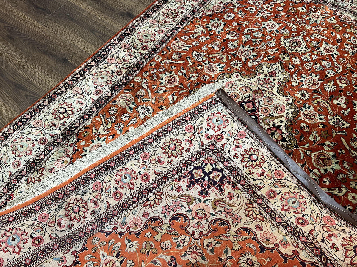 Persian Qum Silk Rug 5x7 - Floral Medallion, Birds, Orange-Red - Jewel Rugs, view 10