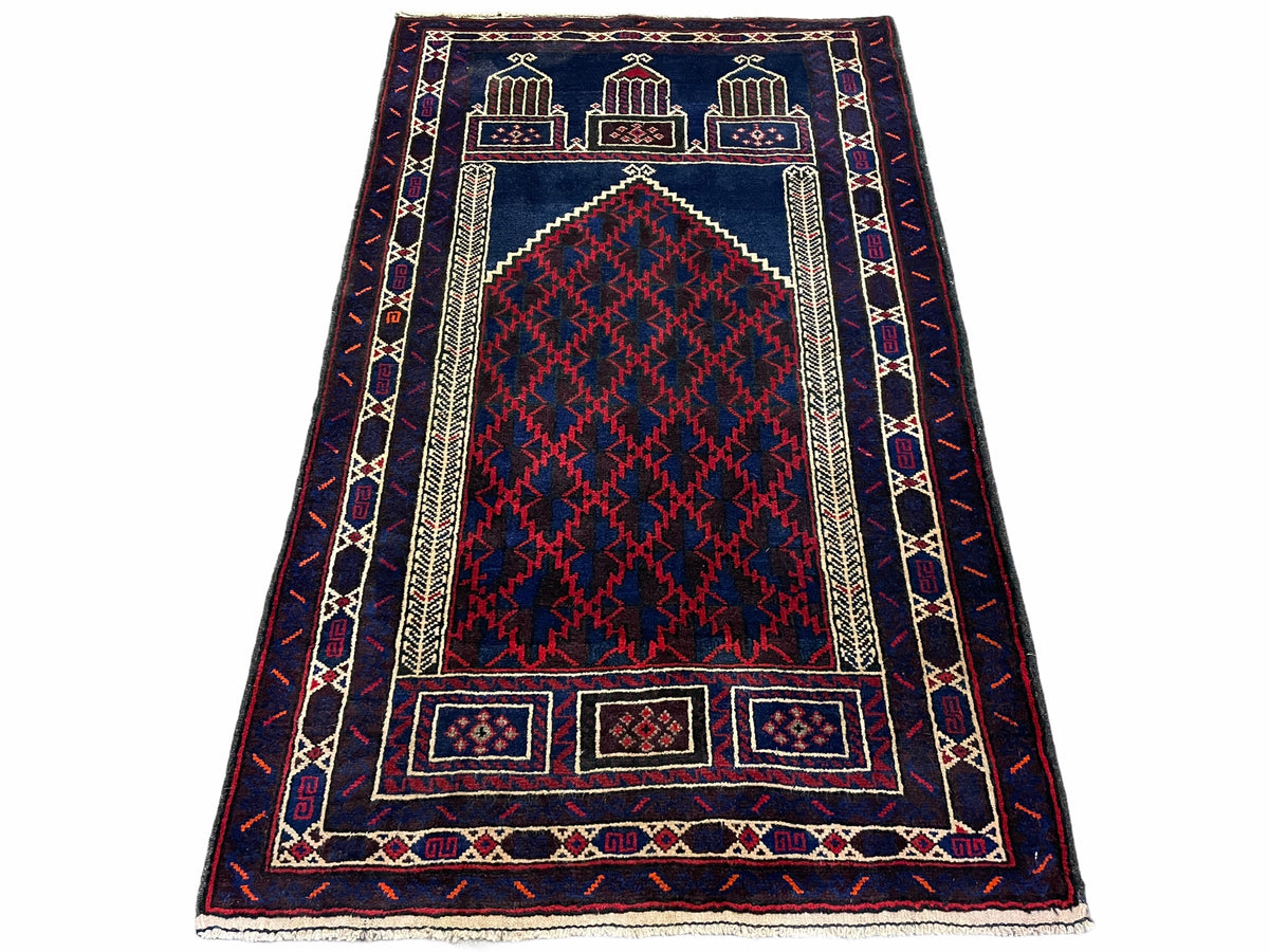 3x5 Vintage Handmade Tribal Wool Rug Balouchi Prayer Rug Afghan Rug Red Blue Wow - Jewel Rugs, view 2