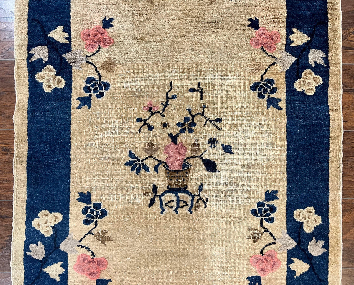 Antique Chinese Peking Rug 3x6, Beige and Dark Blue Hand Knotted Handmade Asian Oriental Carpet, Floral Vases, Vintage Wool Art Deco Rug - Jewel Rugs, view 5
