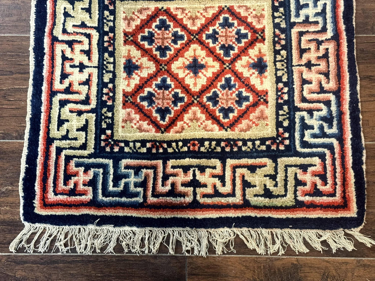 Small Antique Chinese Rug 2x2, Red Blue Square Rug Mat, Handmade, Tibetan Rug - Jewel Rugs, view 6