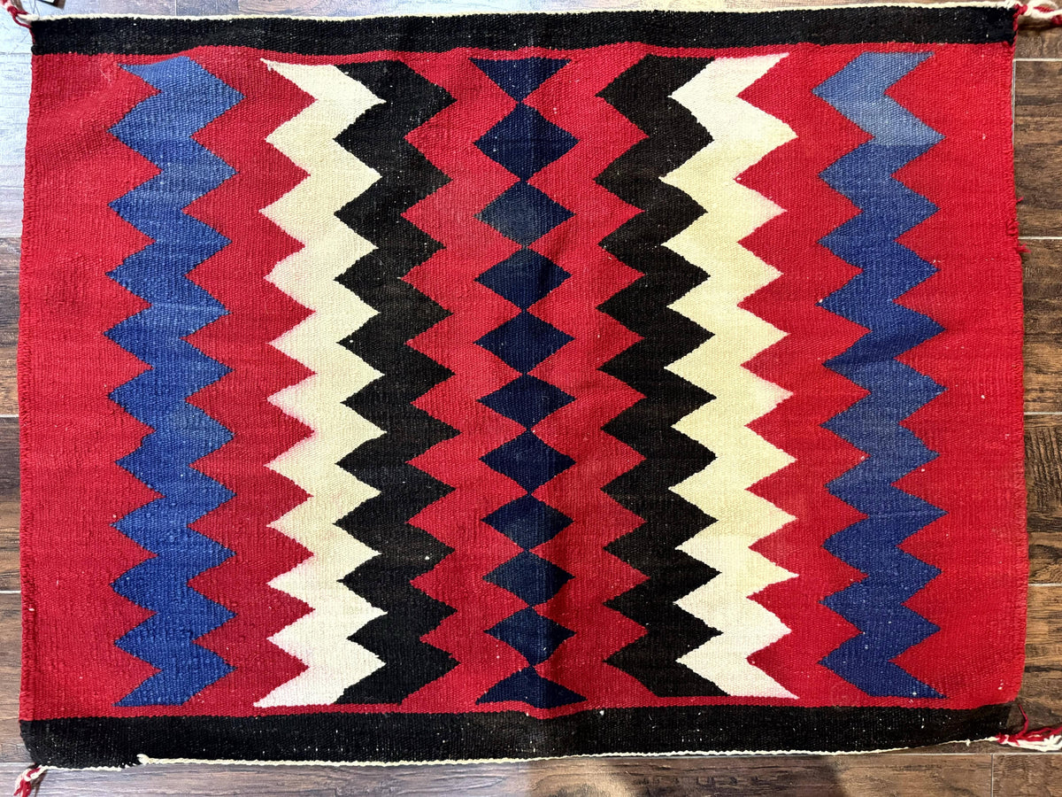 Antique Navajo Rug 3.7 x 2.8, Red Ivory Blue, Zig Zag Pattern, Handmade, Wool - Jewel Rugs, view 3