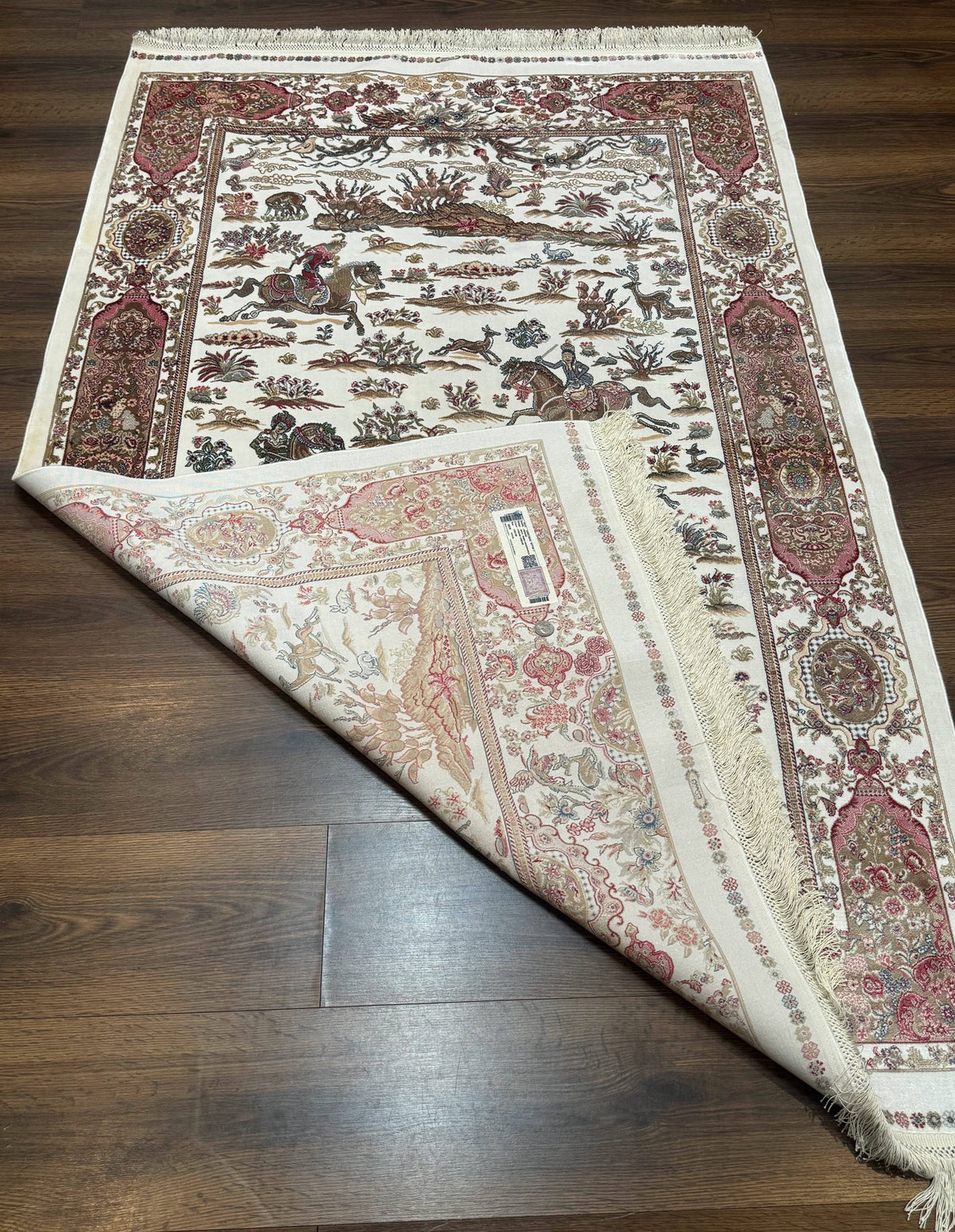 Turkish Silk Hunting Scene Rug 4x6, Ivory, Bamboo Silk, New - Jewel Rugs, view 12