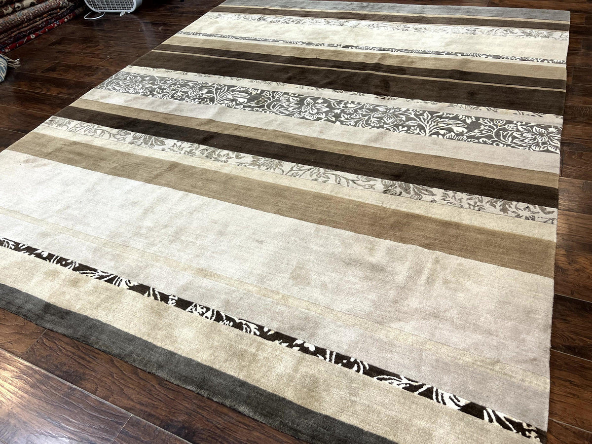 Modern Tibetan Nepali Rug 8x12, Stripe Pattern, Wool with Silk Highlights, Handmade, Beige Tan Brown - Jewel Rugs, view 3