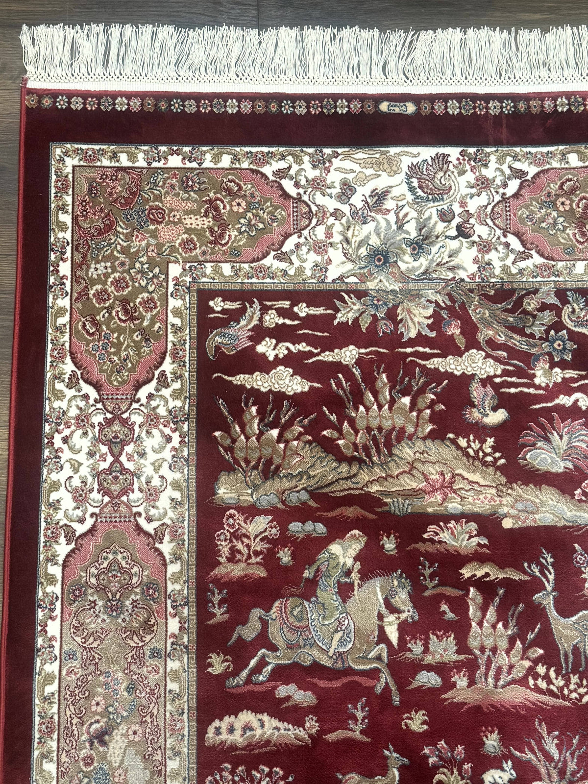Turkish Silk Rug 3x5, Hunting Design, Dark Red & Ivory, Bamboo Silk, New - Jewel Rugs, view 7