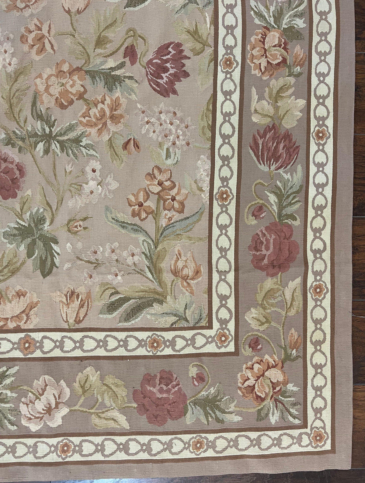 Aubusson Rug 9x12, Pink Beige Light Mauve, Handmade Allover Floral Roses, Wool Flatweave Carpet 9 x 12 ft, European French Design, Elegant - Jewel Rugs, view 10