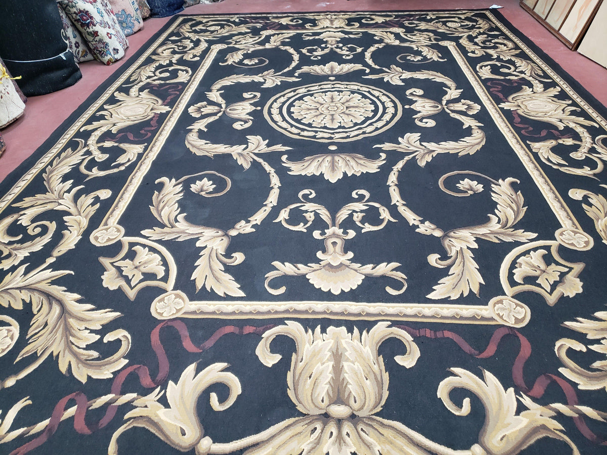 Black and Tan Aubusson Rug, 10 x 14 Aubusson Carpet, New Aubusson Rug, Elegant, Wool, Handmade Area Rug, Flatweave Rug, Large Aubusson Rug - Jewel Rugs, view 12