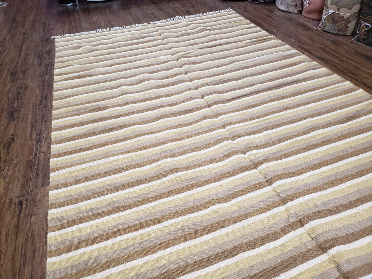 Indian Striped Blanket 6x9, Large Indo Kilim Area Rug, Earthern Tones Woolen Hand-Woven Flatweave South American Style Queen Size Bedspread - Jewel Rugs, view 12