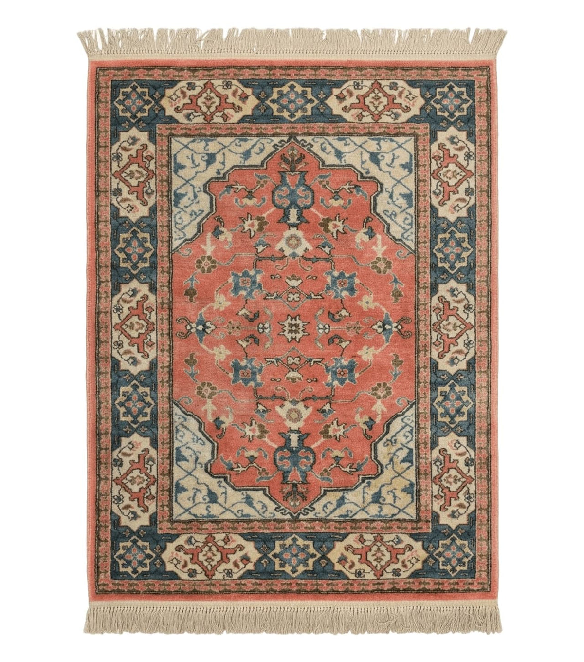 Karastan Rug 4x6 Bergama Design #737, Karastan Area Rug, Vintage Wool Karastan Carpet, Original Collection 700 Series, Salmon Red Light Blue - Jewel Rugs