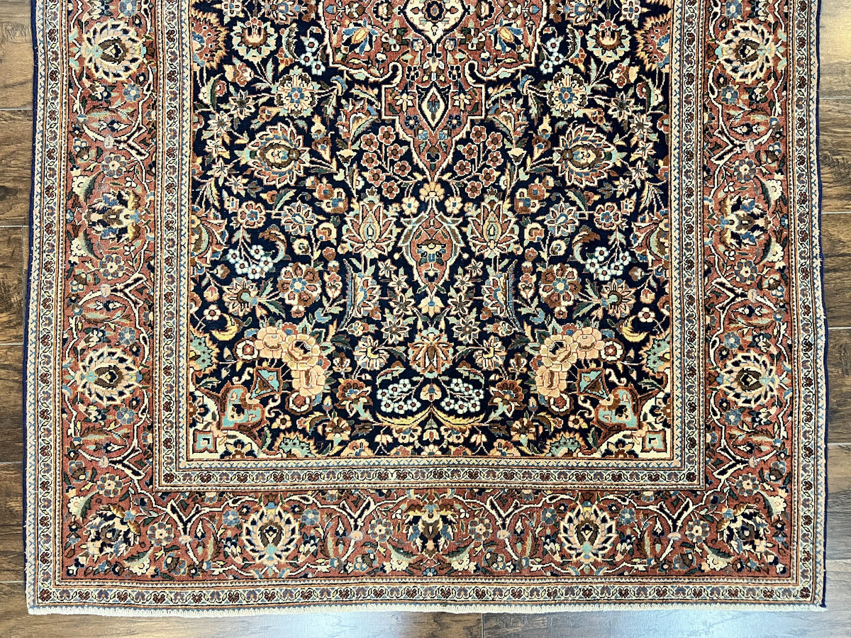 Persian Kashan Rug 4x7, Floral Medallion Vintage Handmade Hand Knotted Navy Blue & Red Wool Oriental Carpet, Highly Detailed Semi Antique Rug - Jewel Rugs, view 6