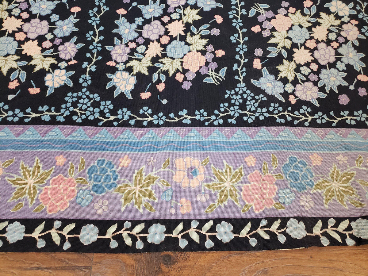 Chinese Needlepoint Rug 8 x 11.4, Hand-Woven Area Carpet, Flatweave Rug, Black Blue Light Violet Floral Garden European Design Wool Aubusson - Jewel Rugs, view 6