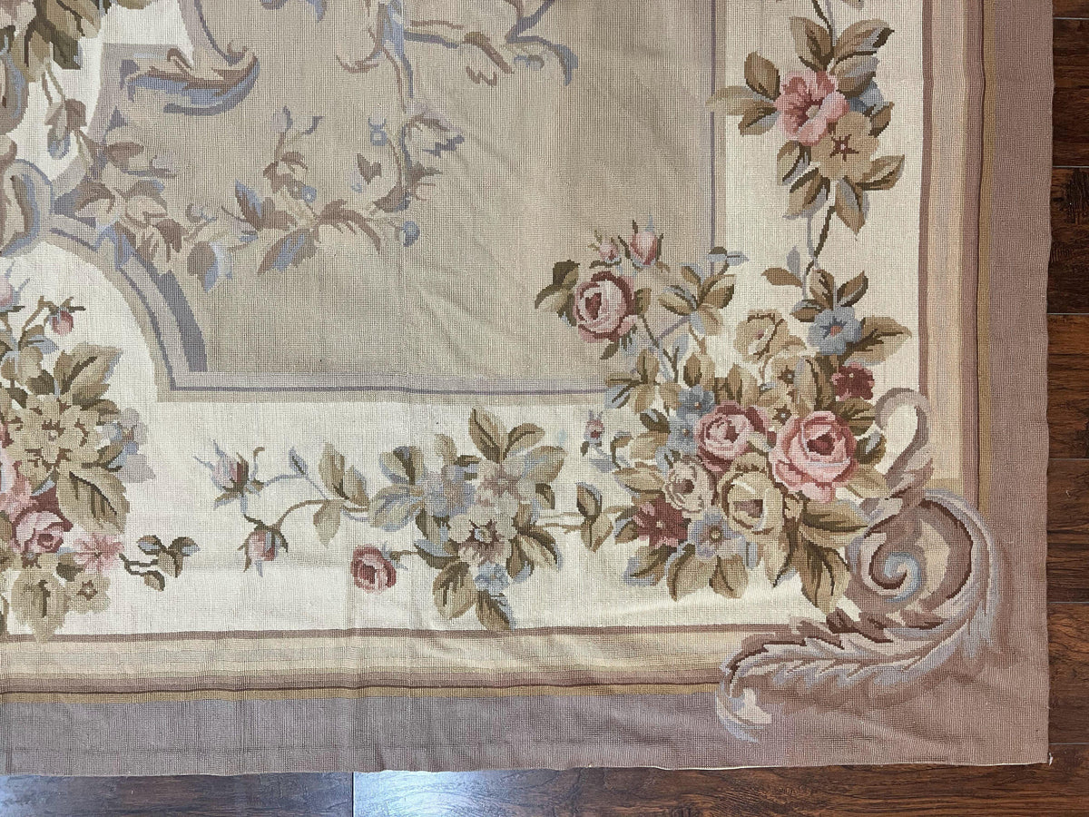 Aubusson Needlepoint Rug 9x12, VIntage Handmade Wool Beige Floral European Elegant Rug 9 x 12, Floral Roses - Jewel Rugs, view 10