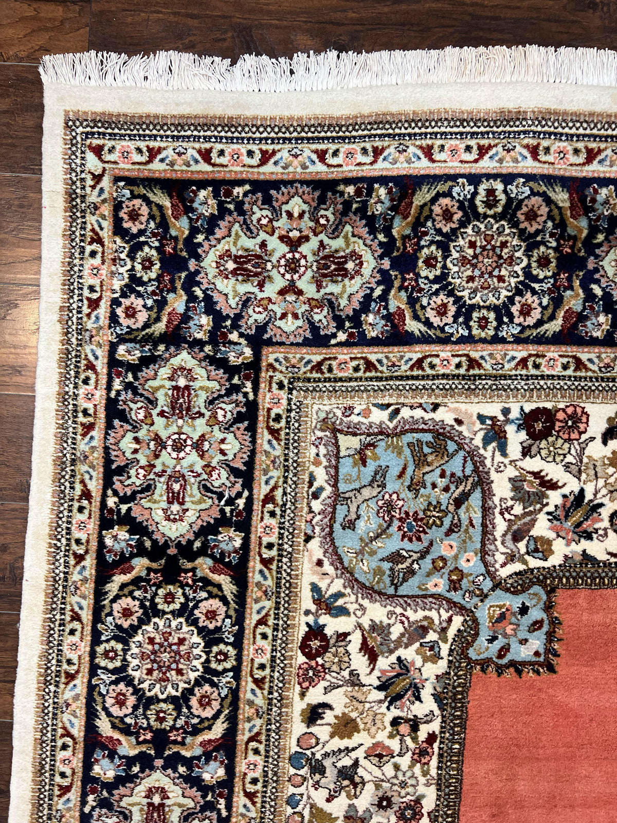 Persian Tabriz Rug 10x13, Wool Hand Knotted Vintage Carpet, Salmon Red & Ivory, Semi Open Field, Birds & Animal Motifs, Large Rug - Jewel Rugs, view 6