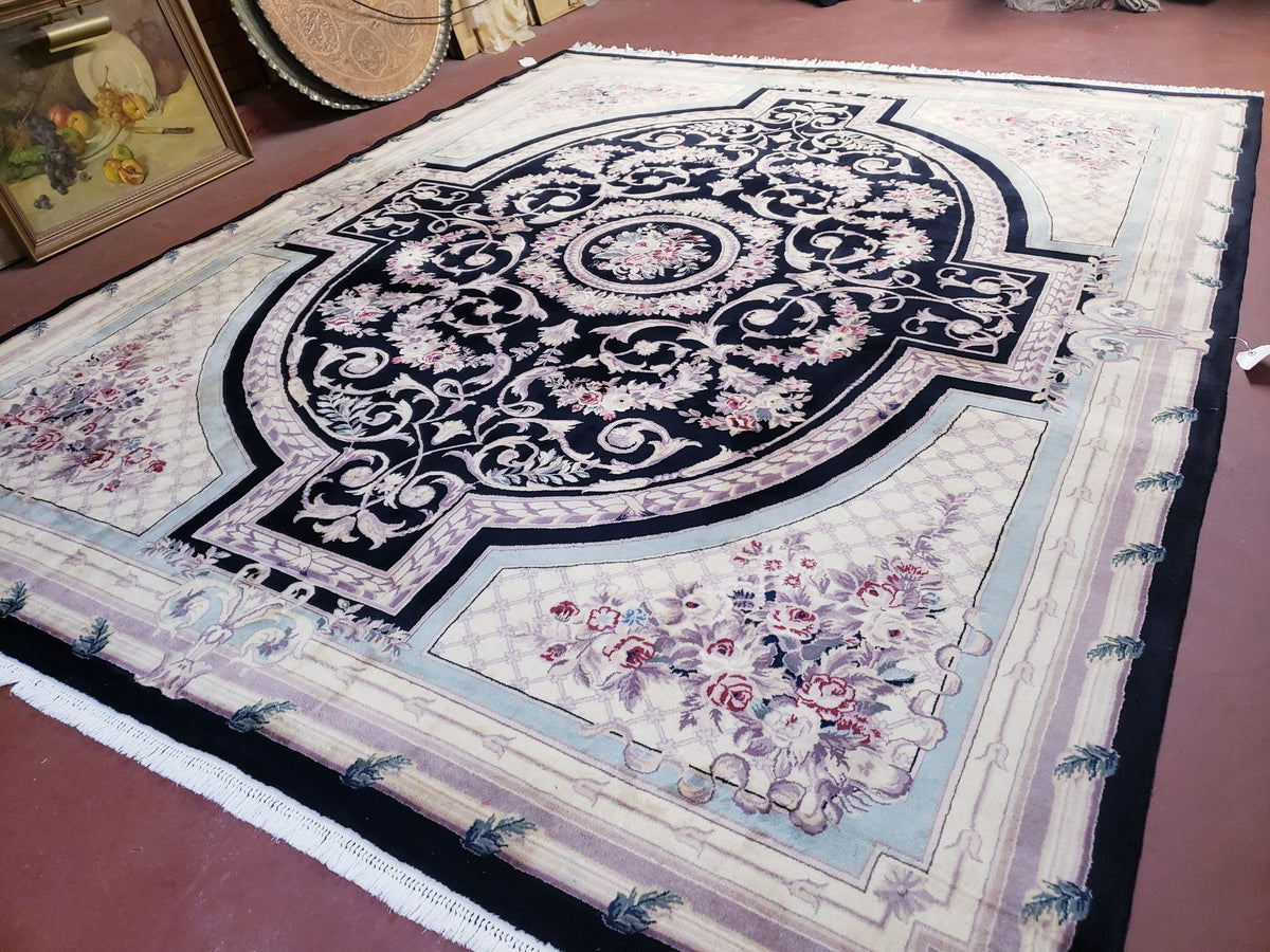 8x10 Aubusson Rug, Fine Hand Knotted Wool Carpet, French European Design, Black & Ivory - Jewel Rugs, view 4