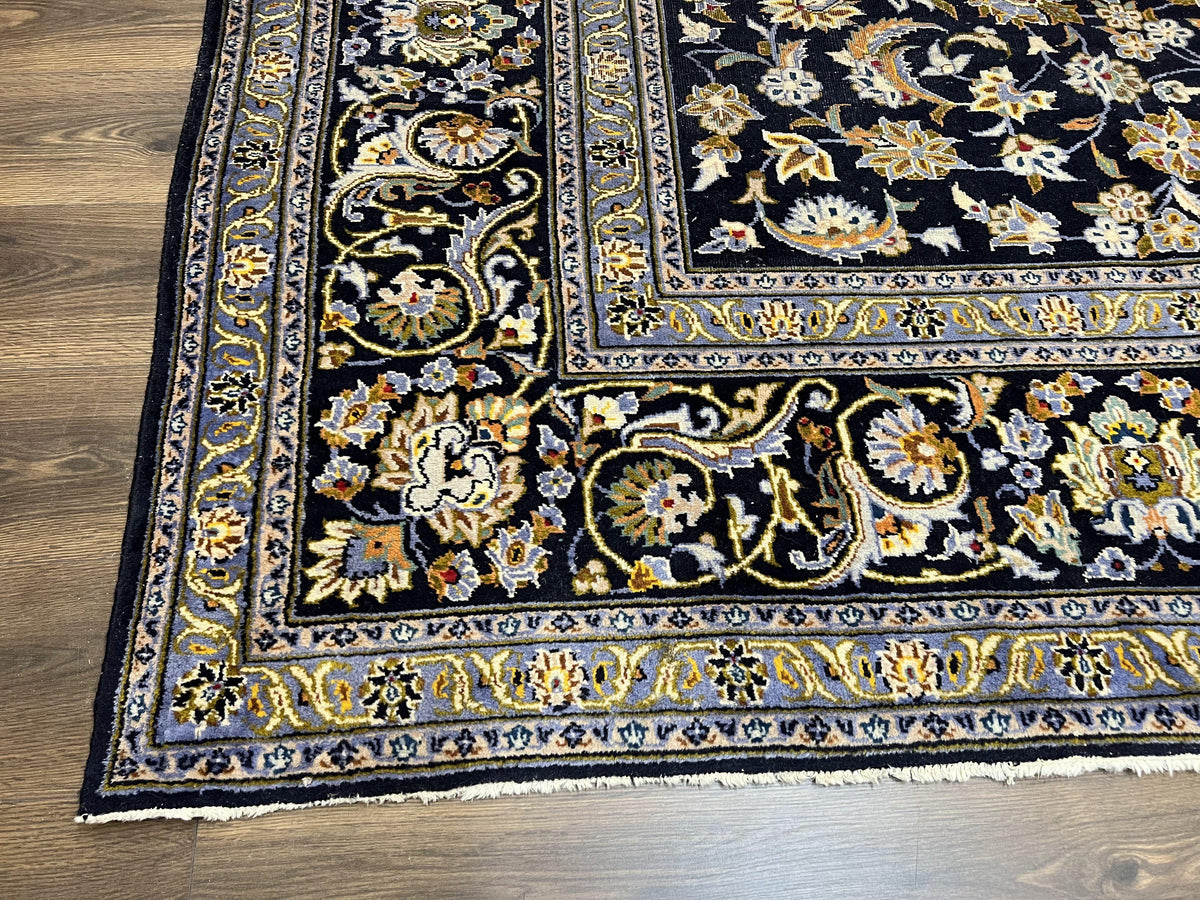 Wonderful Navy Blue Persian Kashan Rug 11x13, Allover Floral Design with Central Medallion, Wool Hand-Knotted Antique Carpet, Signed Rabani Rug - Jewel Rugs, view 8
