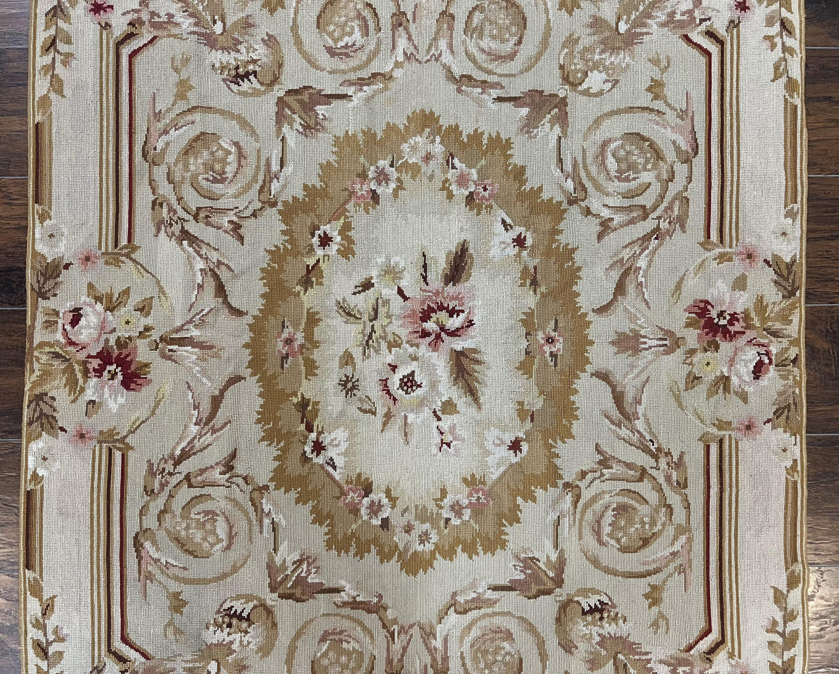 Aubusson Needlepoint Rug 4x5 ft, Beige and Tan, Aubusson Savonnerie Vintage Carpet, Handwoven Handmade Wool Rug, European Design Floral Rose - Jewel Rugs, view 5