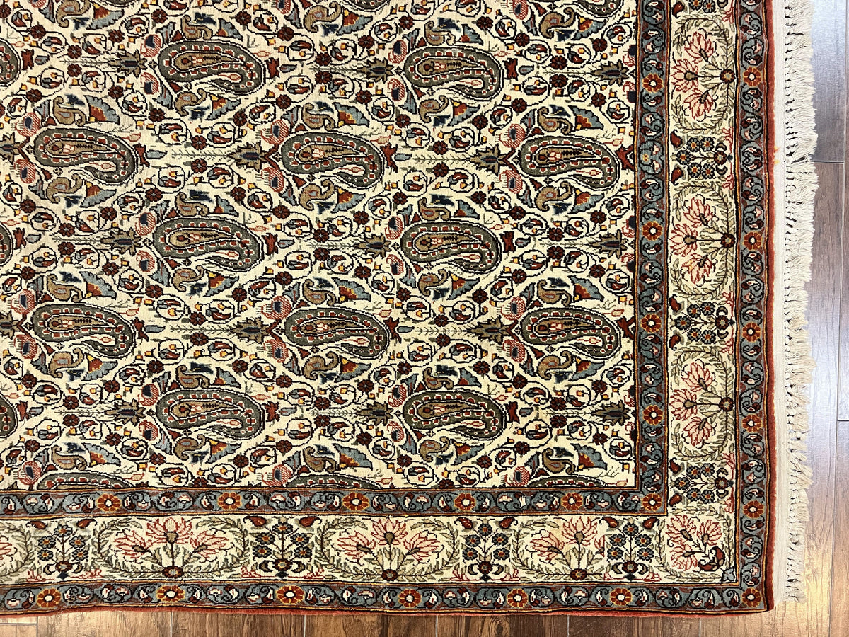 Persian Qum Rug 5x6, Cream Wool Hand Knotted Carpet, Repeated Boteh Paisely Design, Semi Antique Vintage Rug, Very Fine Weave 5 x 6 Rug - Jewel Rugs, view 9
