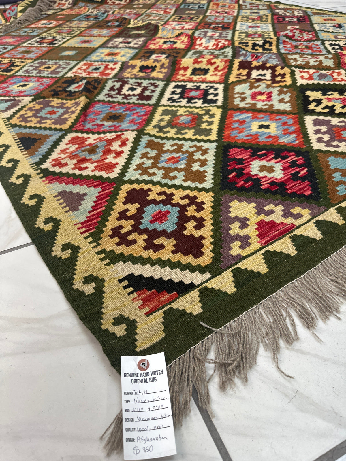 Afghan Kilim Rug 7x10 | Red, Olive Green & Gold | Hand-Woven Wool Flatweave - Rugistan
