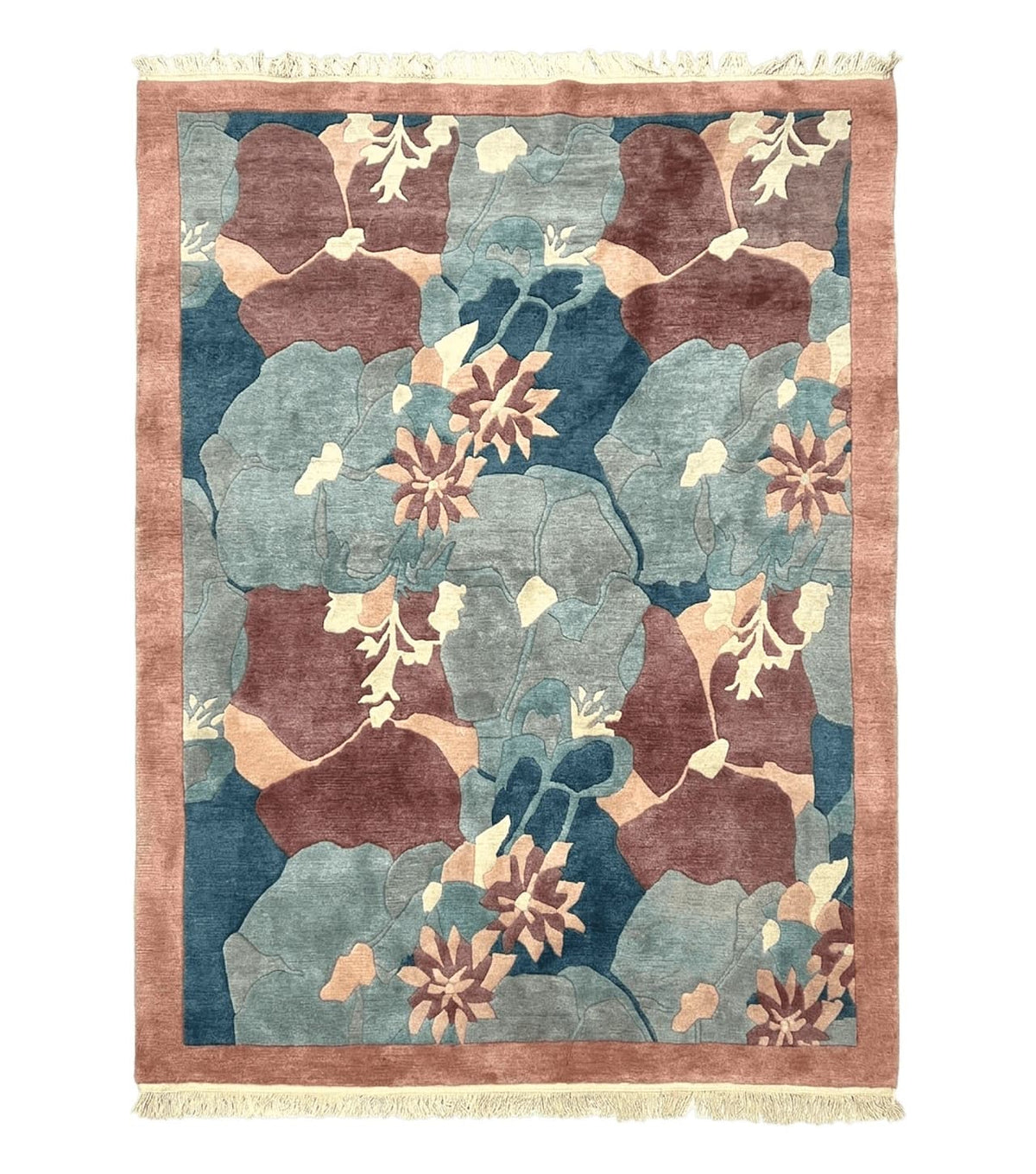 Modern Tibetan Rug 5.7 x 7.9, Abstract Multicolor Flower Pattern, Navy Blue Maroon Salmon, Soft Wool, Hand Knotted Contemporary Carpet 6x8 - Jewel Rugs