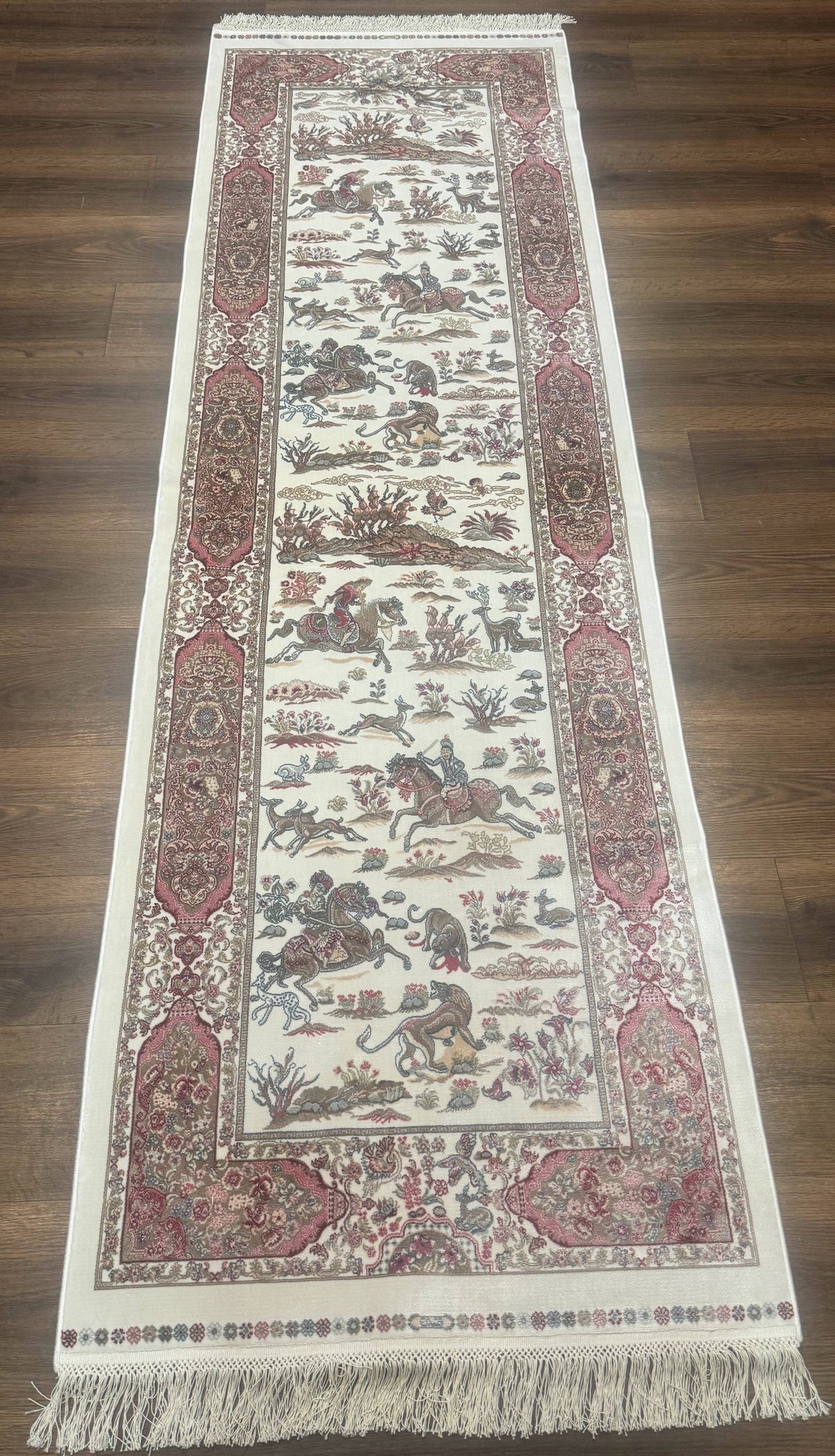 Turkish Silk Runner Rug 2.6 x 8, Hunting Design, Ivory, Bamboo Silk, New - Jewel Rugs, view 2