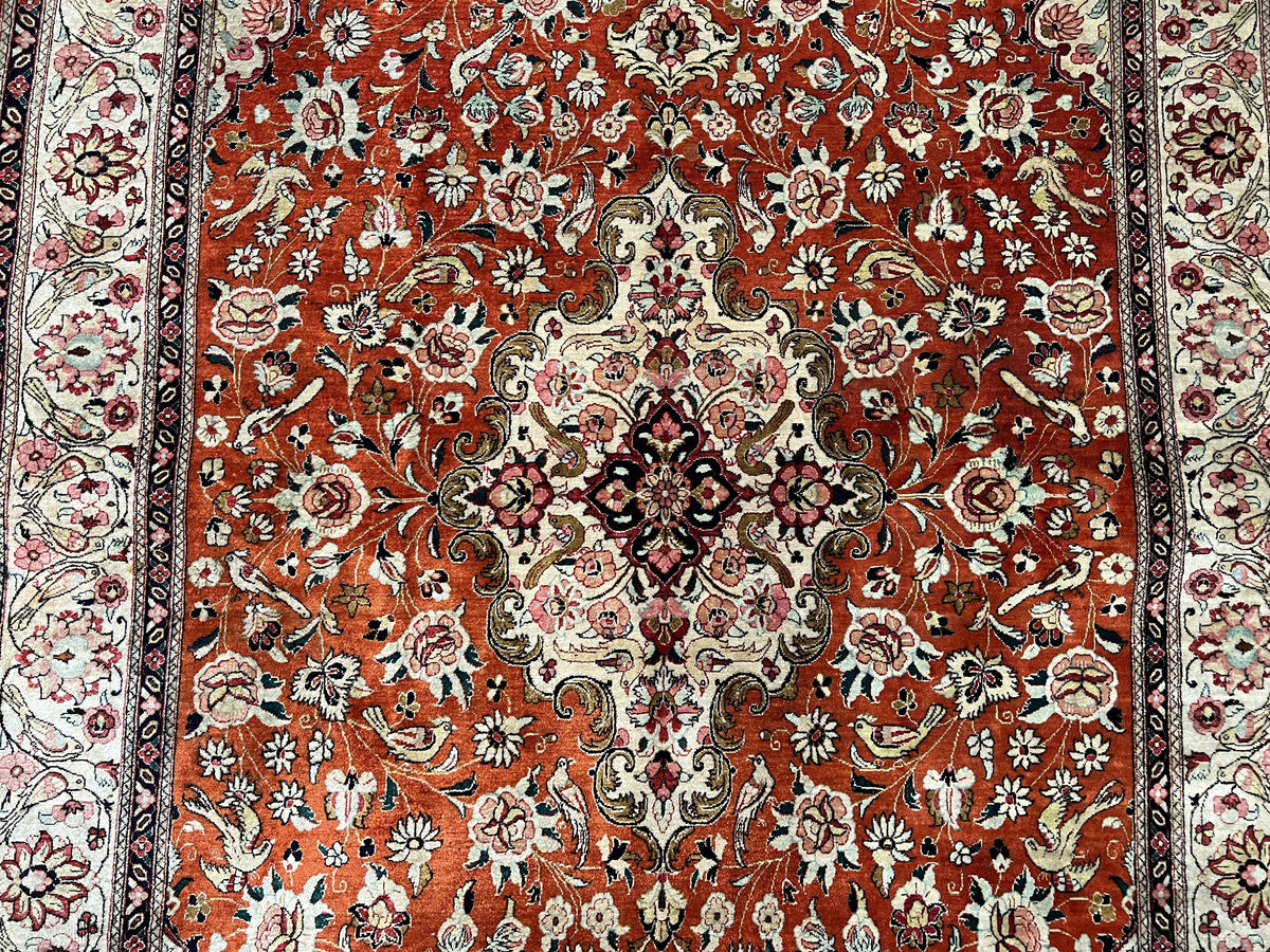 Persian Qum Silk Rug 5x7 - Floral Medallion, Birds, Orange-Red - Jewel Rugs, view 4