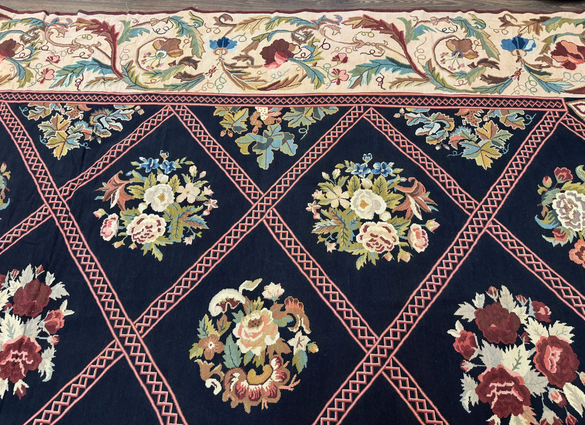 Palace Size Needlepoint Rug 12x20, European French English Aubusson Floral Design, Black and Beige - Jewel Rugs, view 3