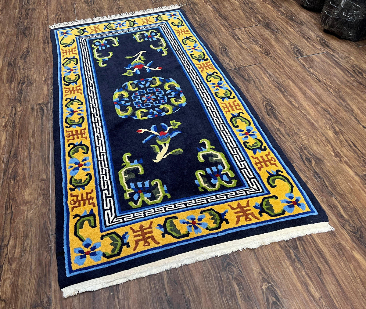 Chinese Art Deco Rug 3 x 5.9, Handmade Chinese Peking Carpet, Dark Blue and Gold, Medallion, Asian Oriental 3x6 Hand Knotted Vintage Rug - Jewel Rugs, view 12