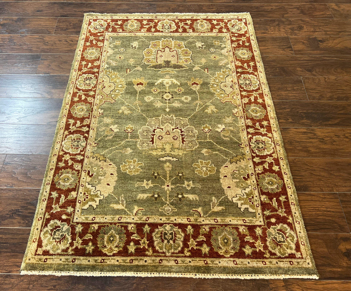 Indo Oushak Rug 4x6, Green and Maroon, Vintage Wool Floral Rug, Indian Agra Rug - Jewel Rugs, view 2