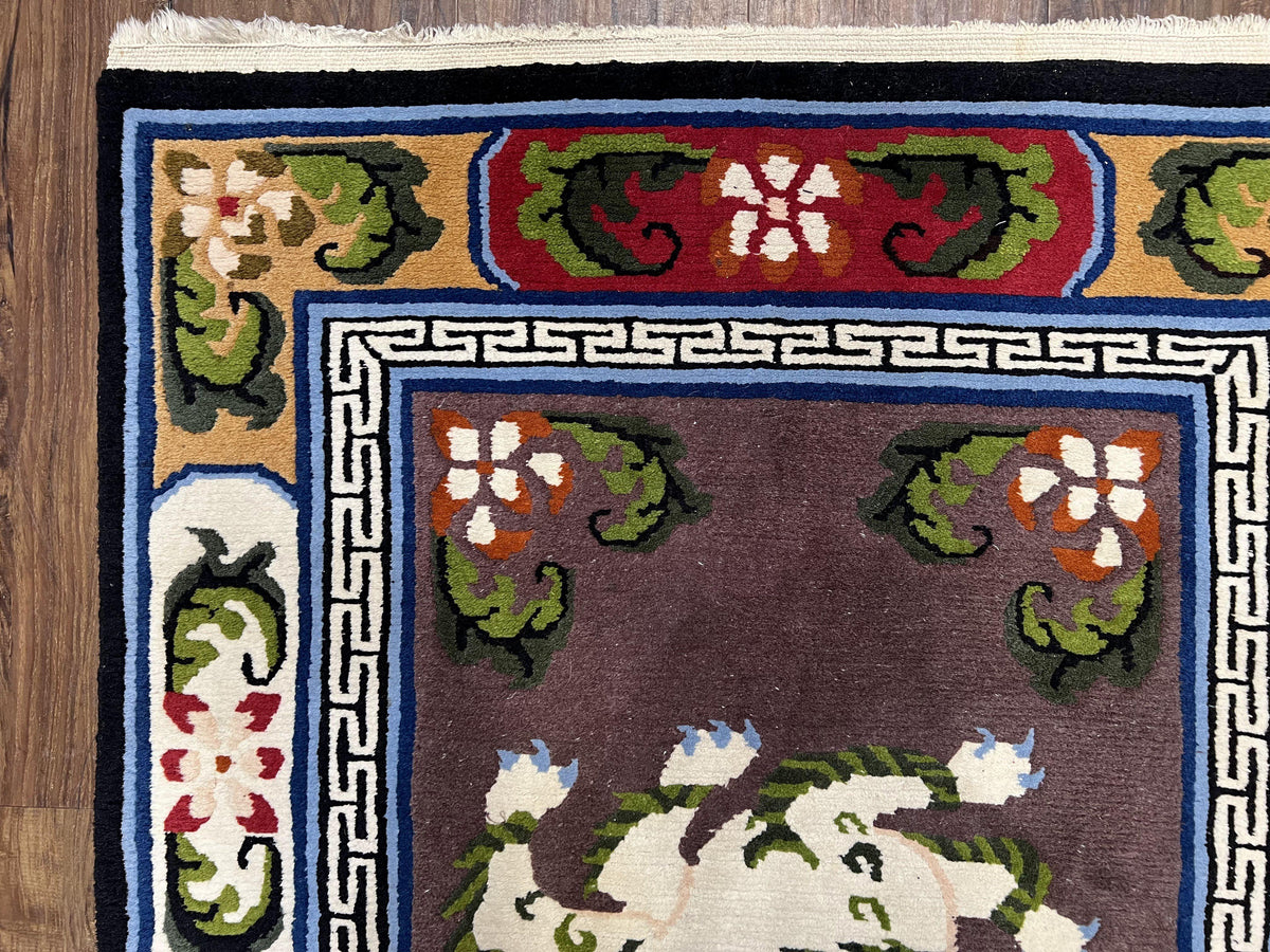Chinese Art Deco Rug 3 x 5.5 with Animal Pictorials, Vintage Chinese Peking Wool Area Rug, Dark Puce Maroon Ivory, Hand Knotted Soft Carpet - Jewel Rugs, view 7