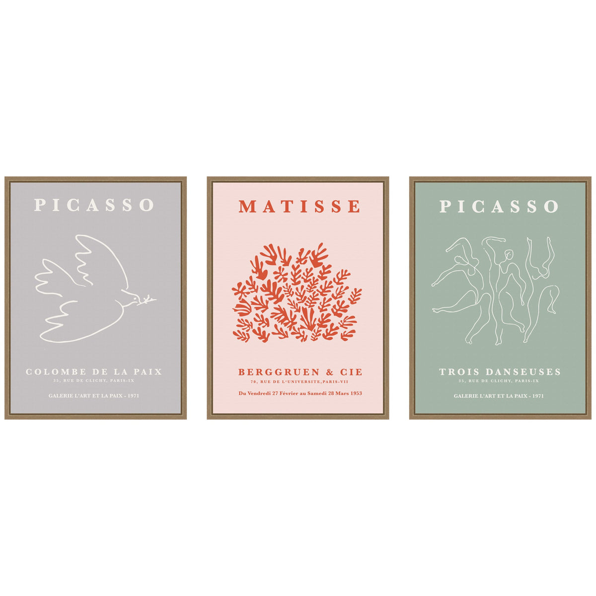 Picasso Inspired Bird & Inspired Dance 3 Piece Framed Canvas Wall Art Set by Gabrielly Guedes