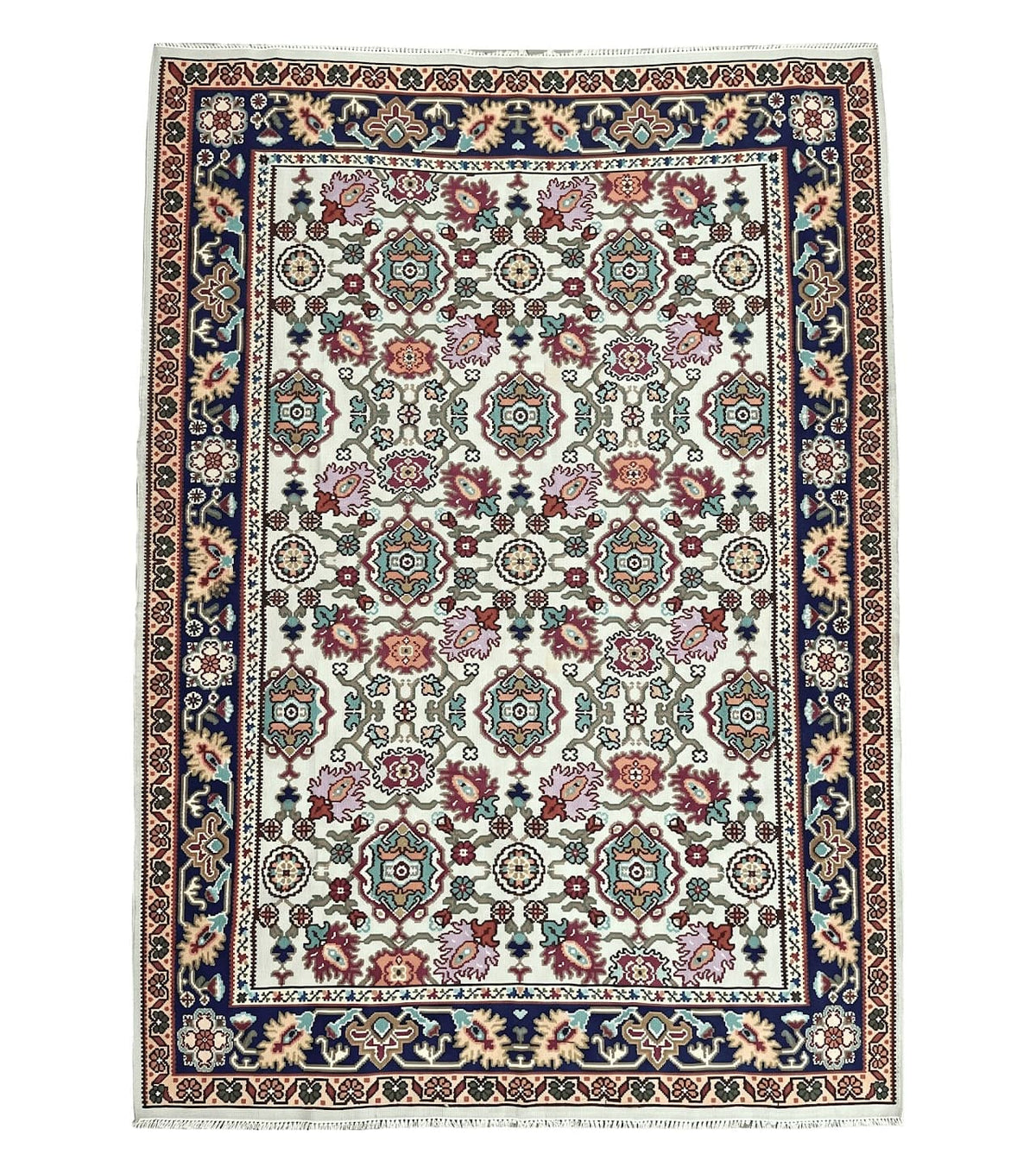 Antique Turkish Kilim Rug 7x10 Allover Pattern, Ivory Cream Maroon Light Blue, Wool Flatweave Hand Woven, Large Kilim, Vintage Kilim Carpet - Jewel Rugs